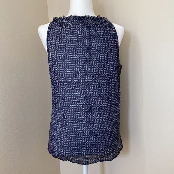 Ann Taylor LOFT Navy Blue White Geometric Print Sleeveless Tie‎ Neck Blouse M - Picture 2 of 5